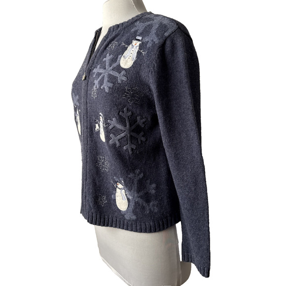 Women's Petite S Christmas Wool Blend Embroidered Snowmen Full Zip Cardigan Blue - Picture 2 of 10